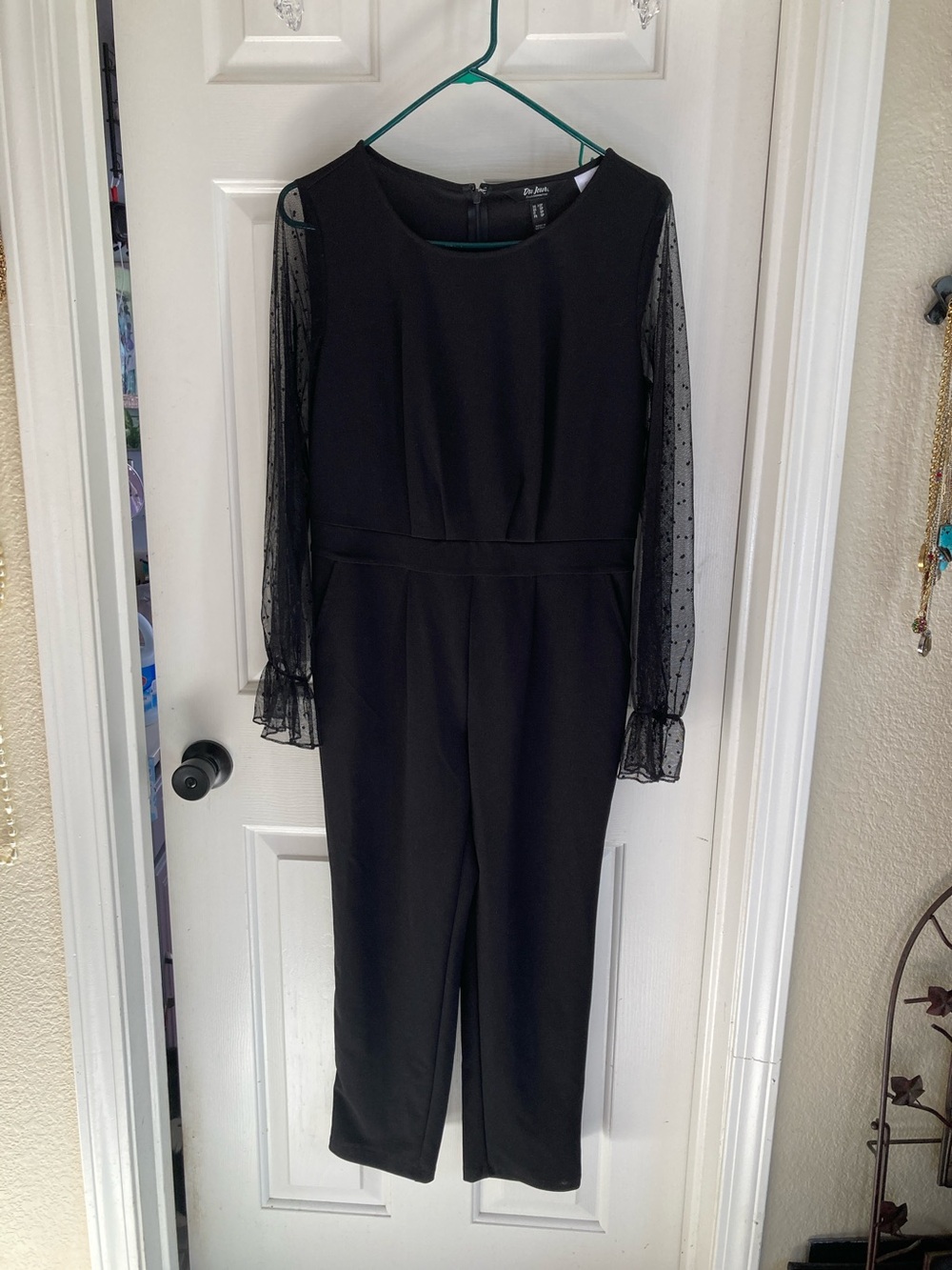 Du Jour Black Jumpsuit with Sheer Dot Long Sleeves